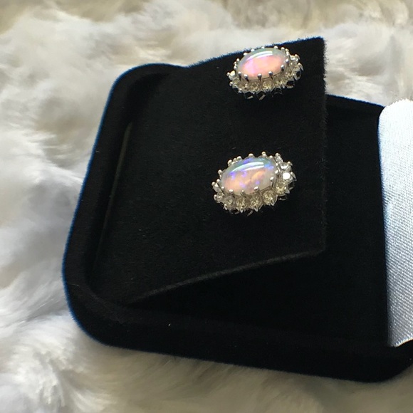 Sterling Silver White Fire Opal Stud Earrings - Picture 3 of 4